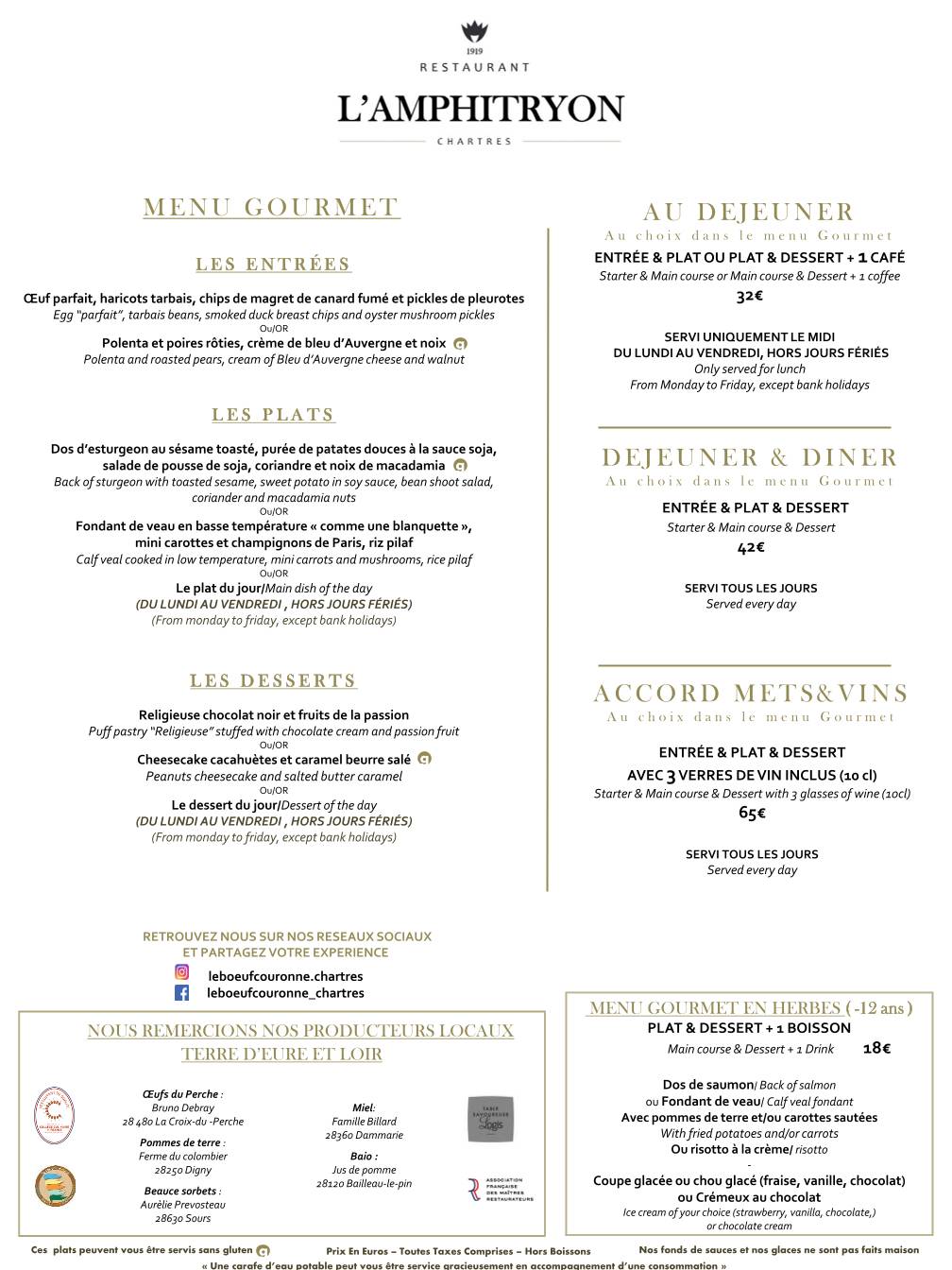 Menu de Restaurant L' Amphitryon Hôtel Le Bœuf Couronné - Chartres