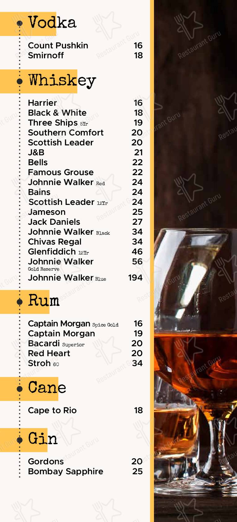 Menu pour Landdros Pub restaurant