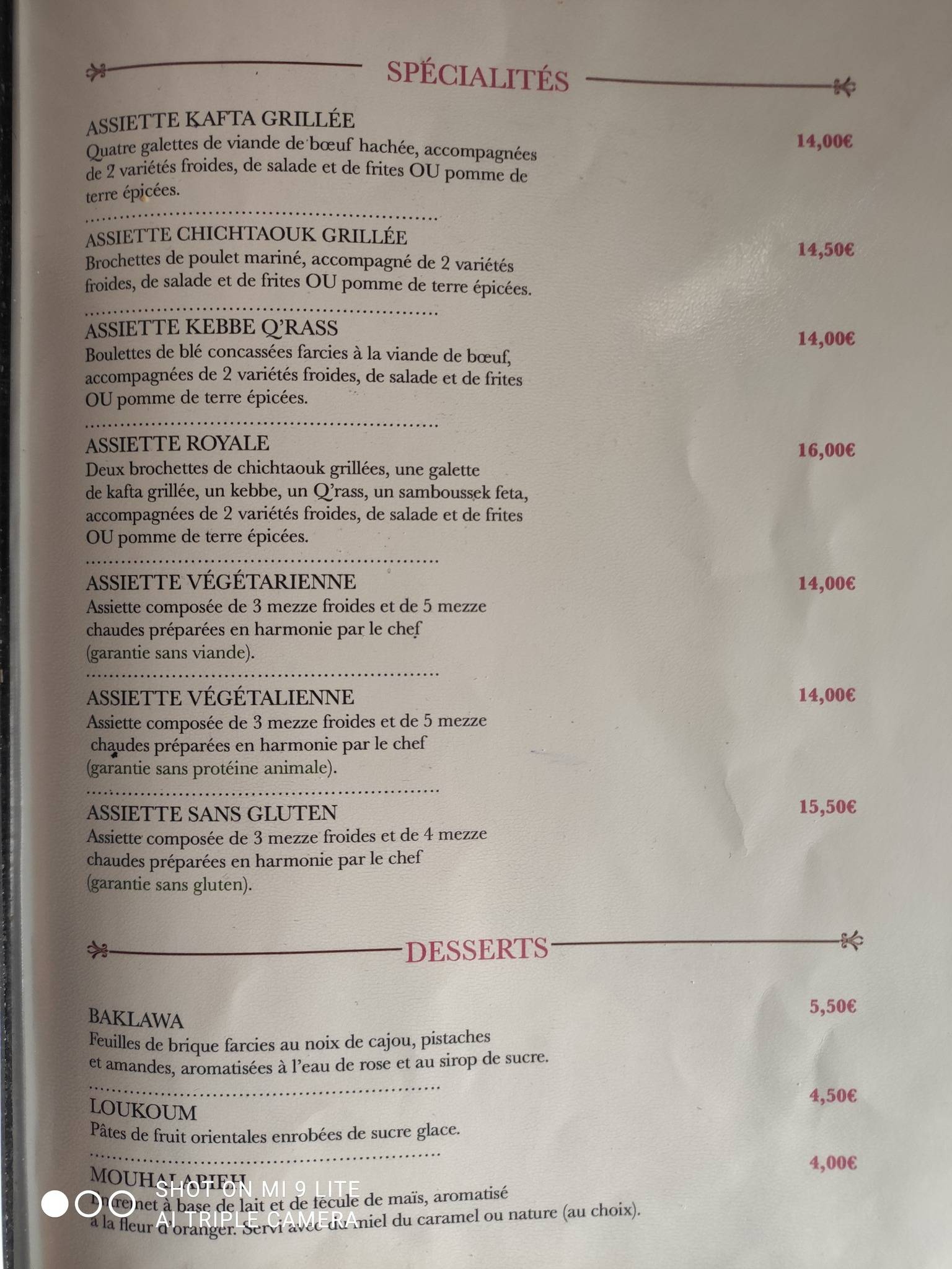 Menu de Le Bybloss