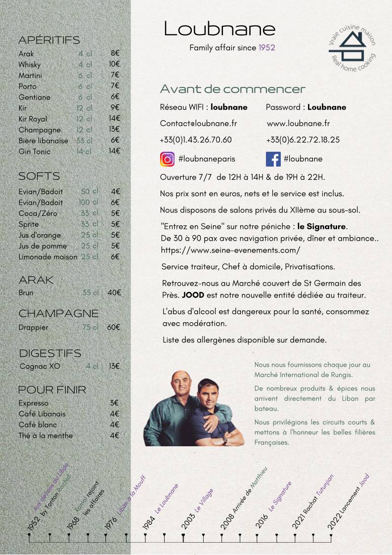 Menu de Le Loubnane