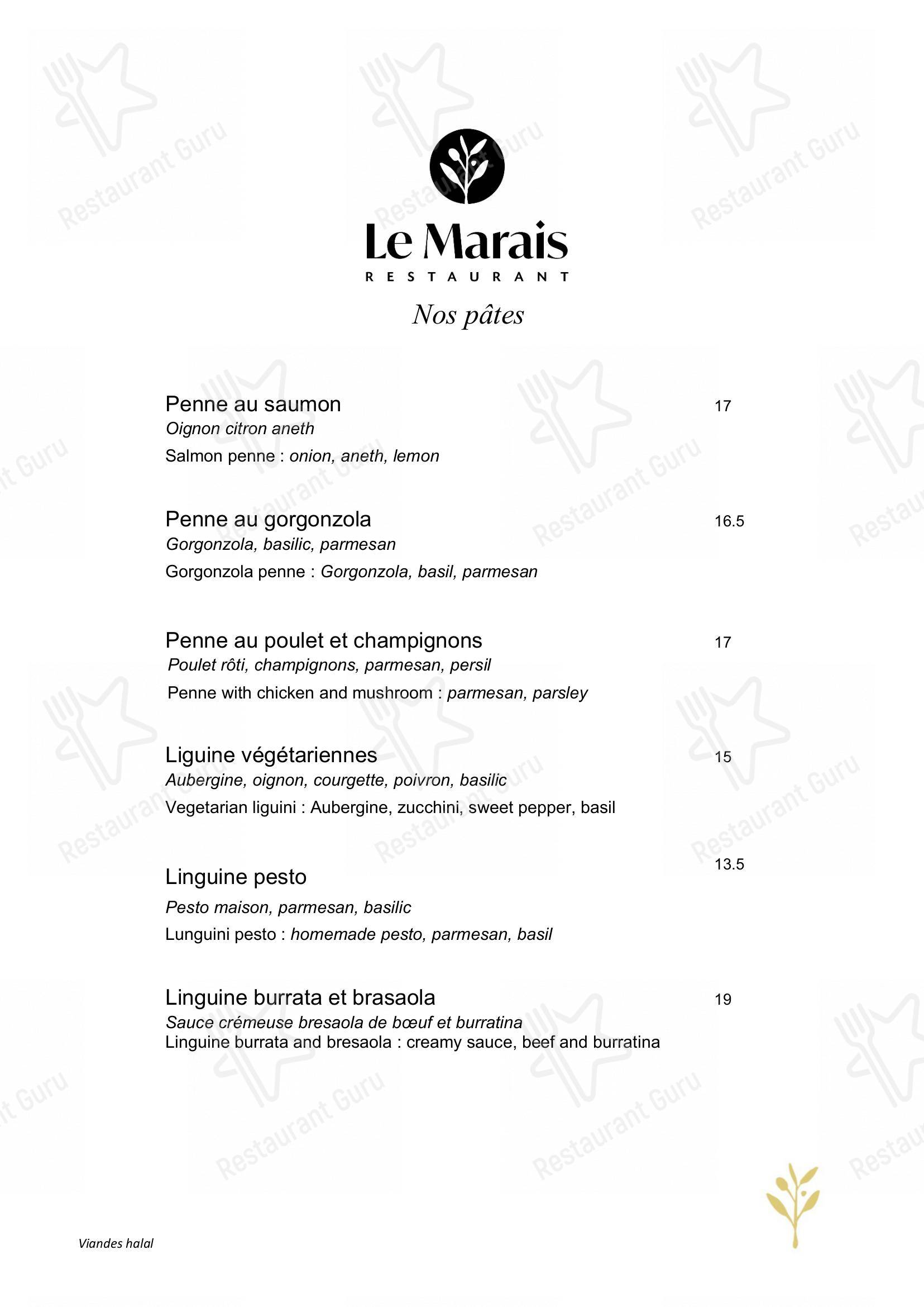 Menu at Le Marais Restaurant Paris, Paris