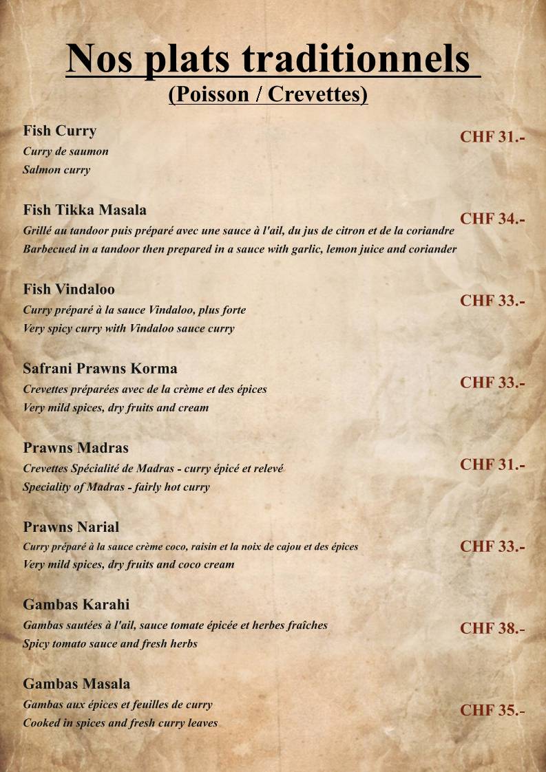 Menu di Le Safran - Restaurant Indien à Genève 