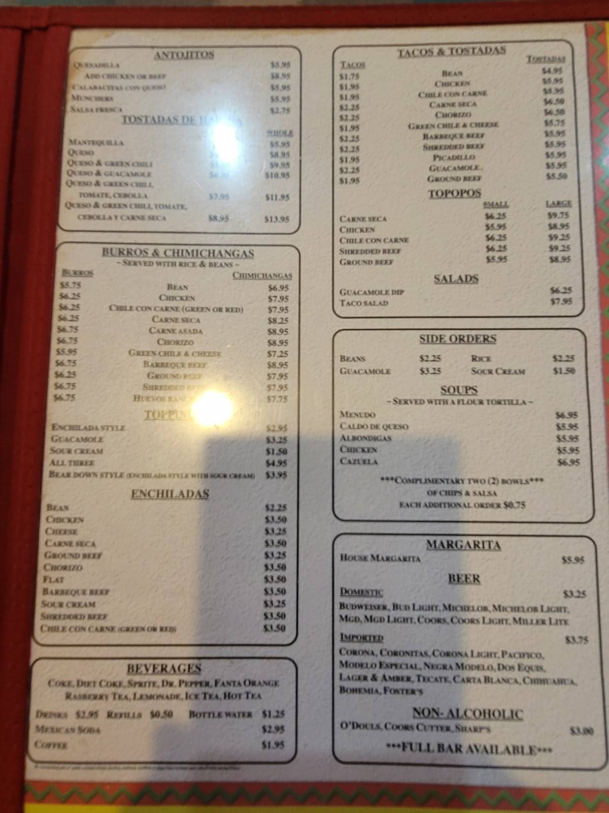 Menu at Leo's Mexican Restaurant, Tucson, E Speedway Blvd