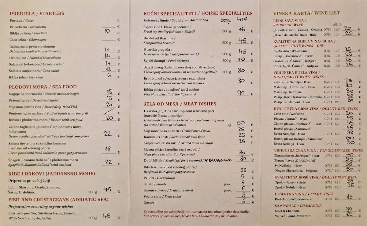 Menu de Restaurant Lucullus Hvar