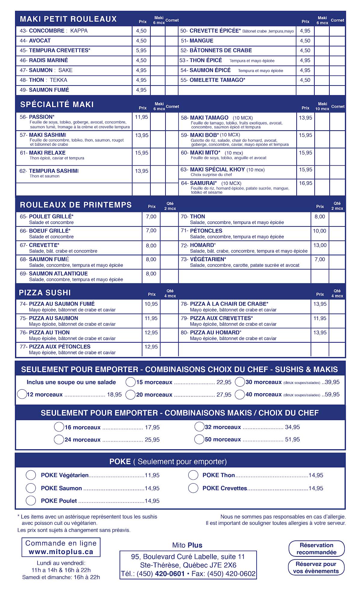 Menu de Mito Plus