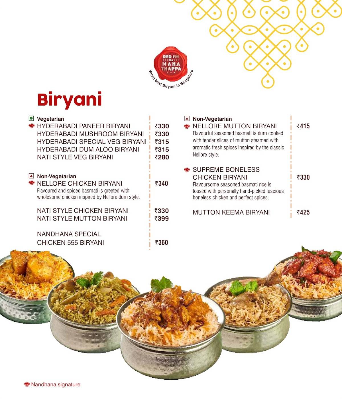 Nandhana Palace - Andhra Style Restaurant - Sahakar Nagar menu