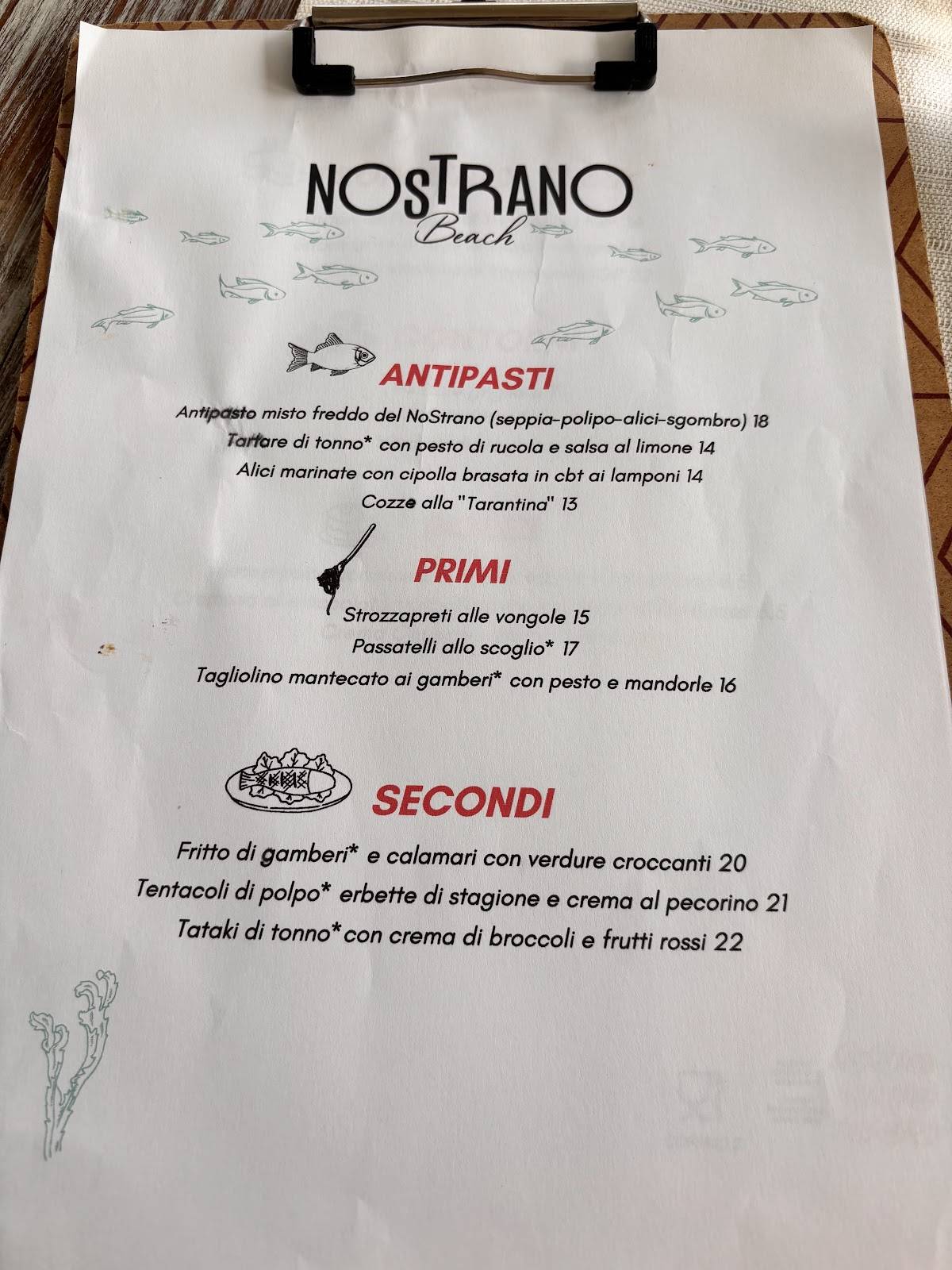 Menu de NoSTrano Beach
