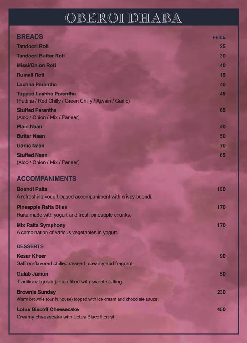 Oberoi Dhaba Adchini menu