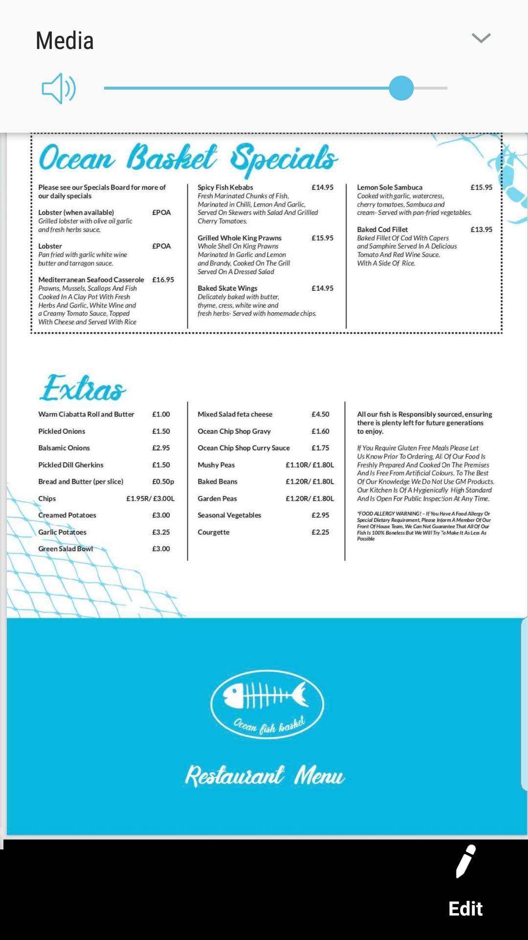 Menu at Ocean Fish Platter restaurant, Ipswich