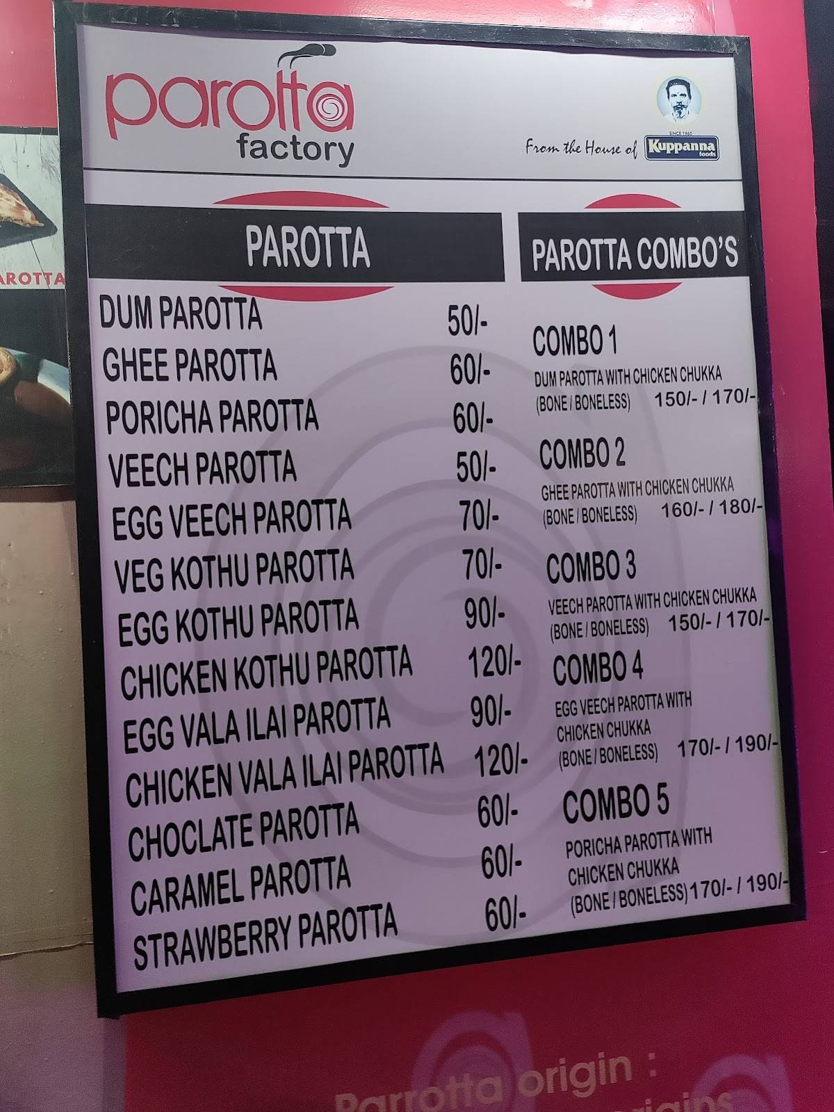 Menu at PAROTTA FACTORY, Hyderabad