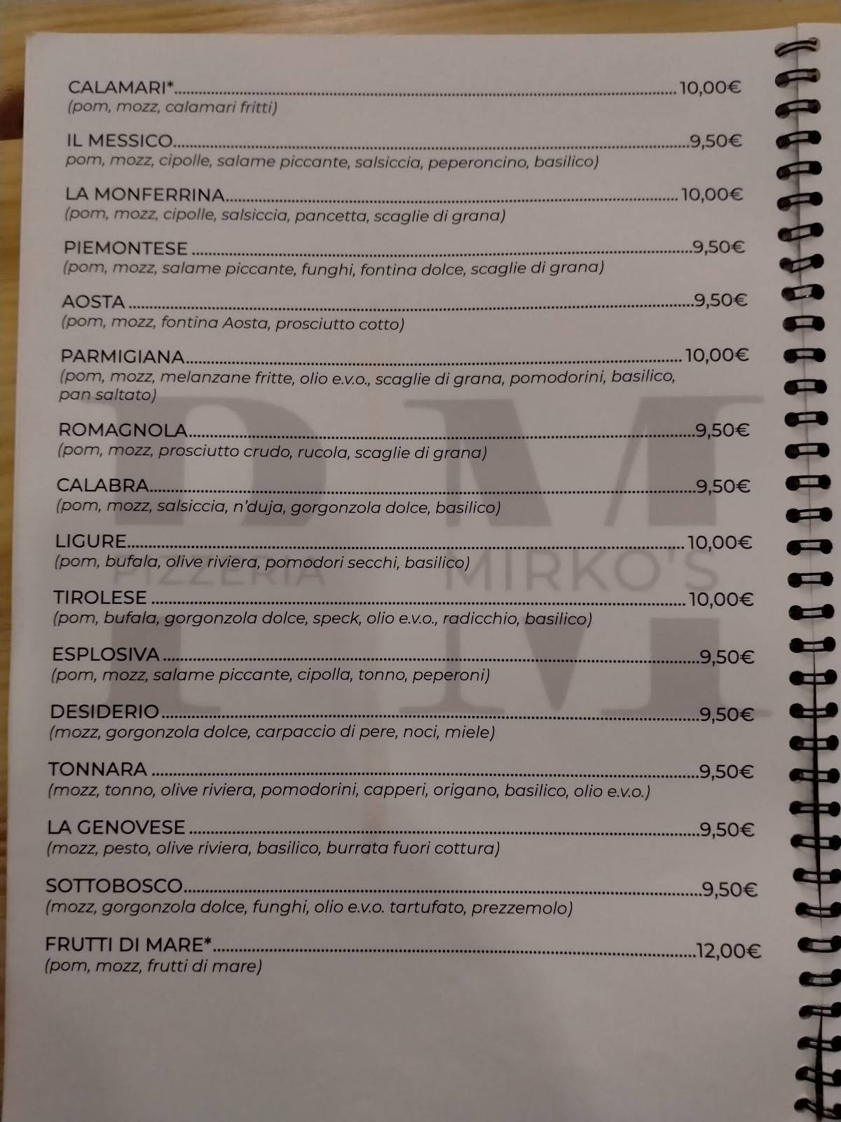 Menu di PIZZERIA MIRKO'S 