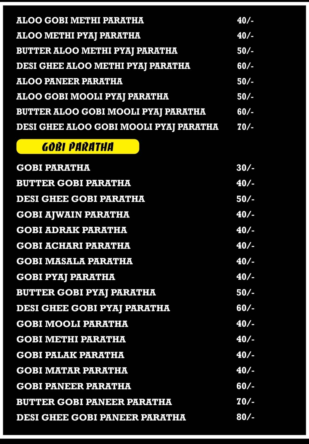 Paratha Junction menu