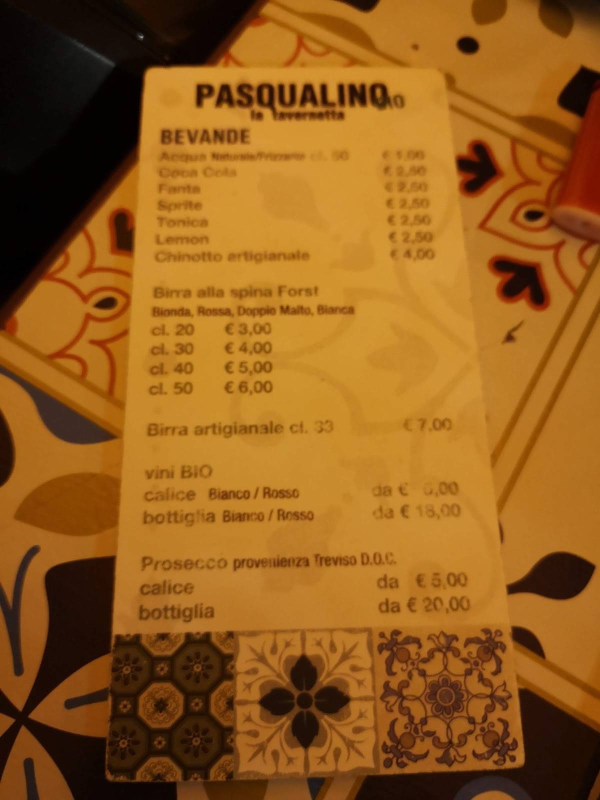 Menu di Pasqualino Tavernetta Bio 