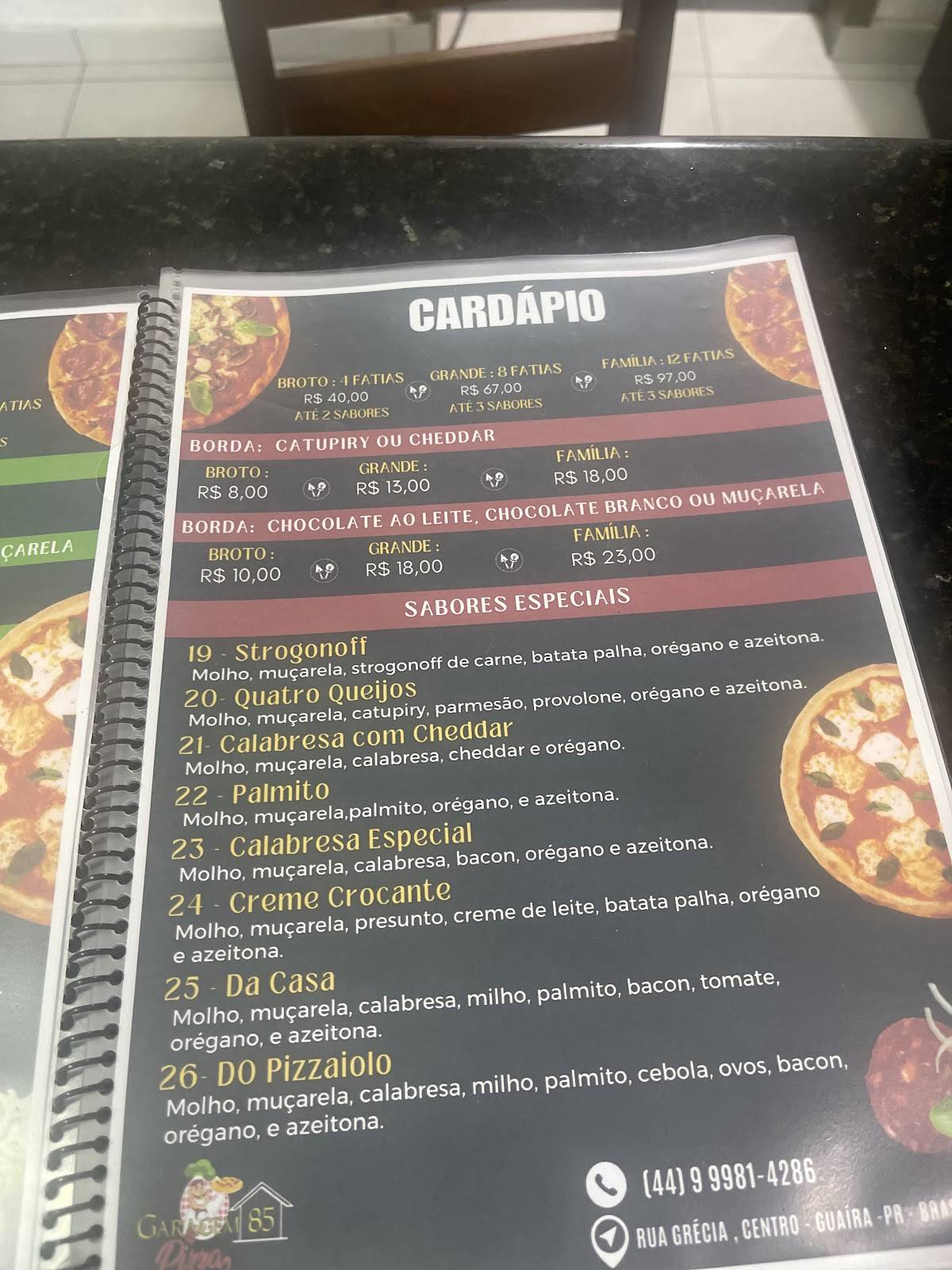 Pizzaria garagem 85 cardápio
