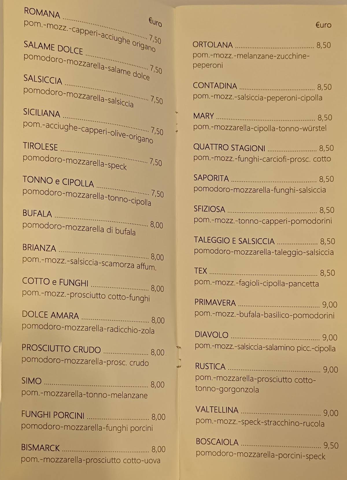 Menu di Pizzeria Mezzanotte 