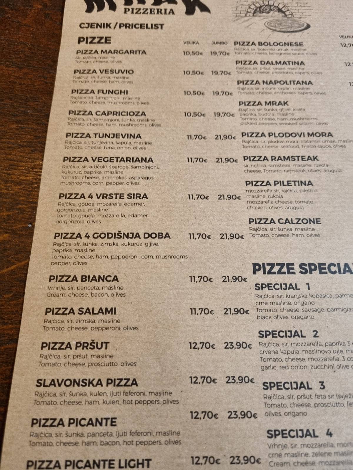 Menu di Pizzeria Mrak 