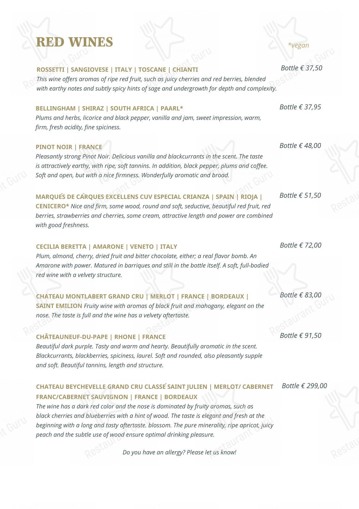 Restaurant Red dans Amsterdam - Table Menu