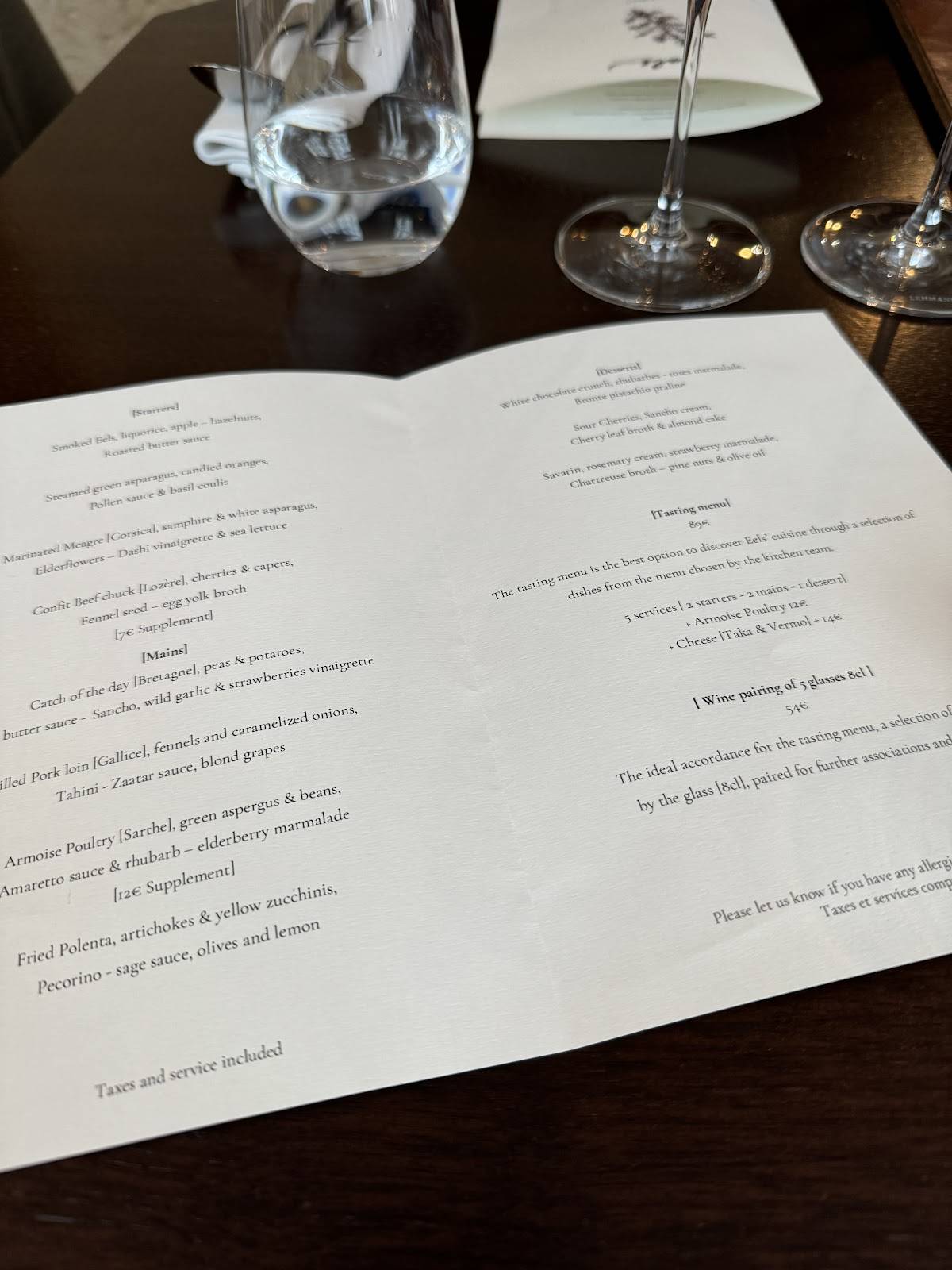 Menu de Restaurant Eels