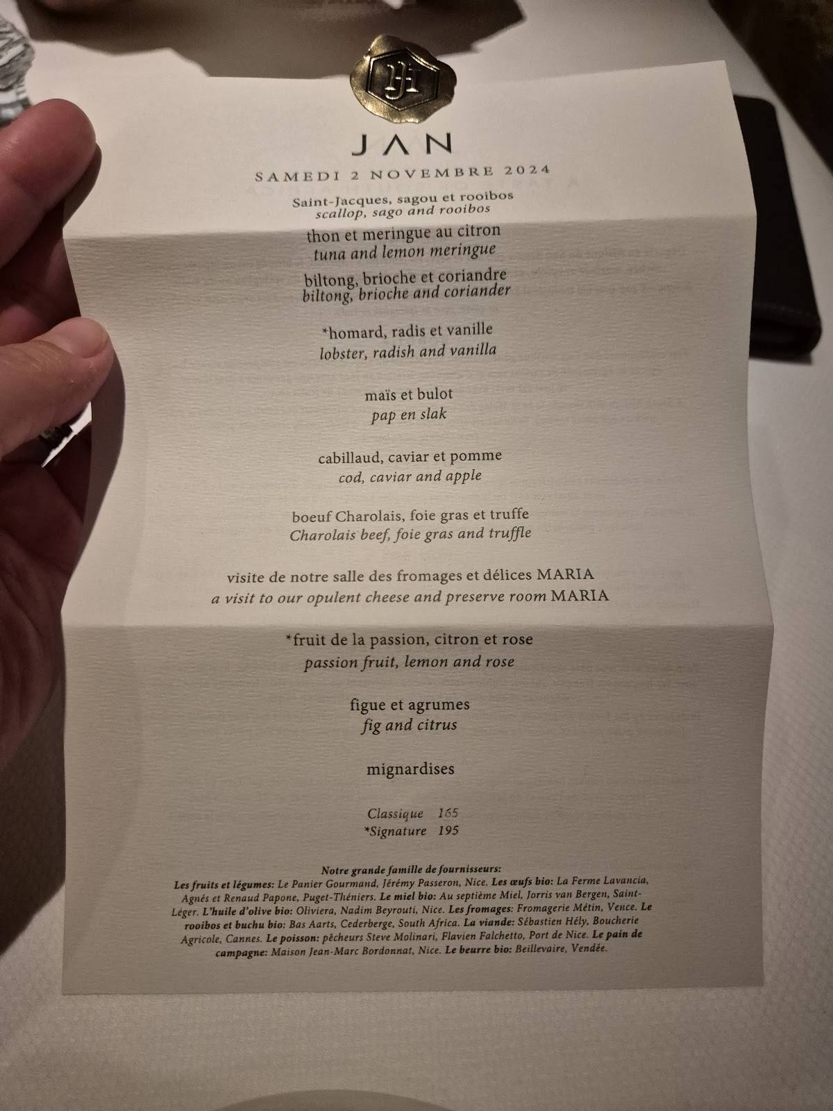 Menu de Restaurant JAN