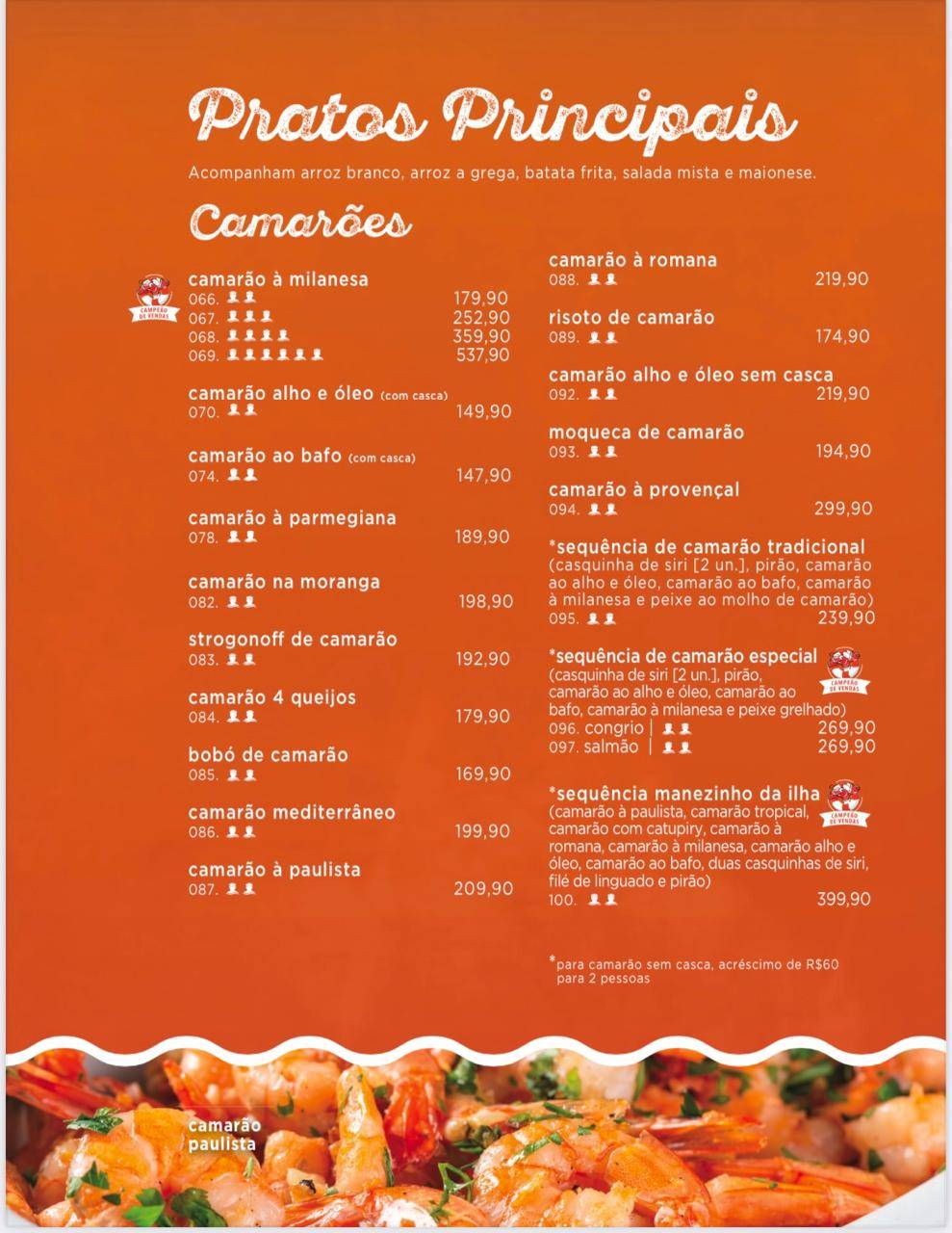 Restaurante Camarão Dourado Santa Felicidade cardápio