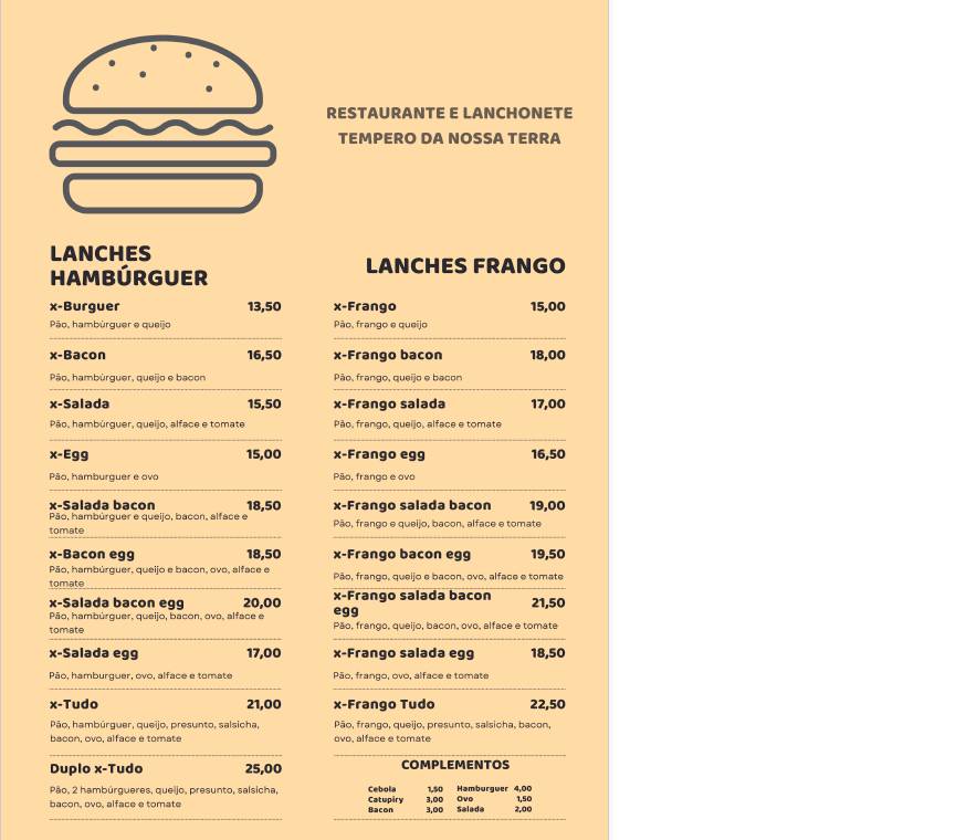 Restaurante Tempero Da Nossa Terra cardápio