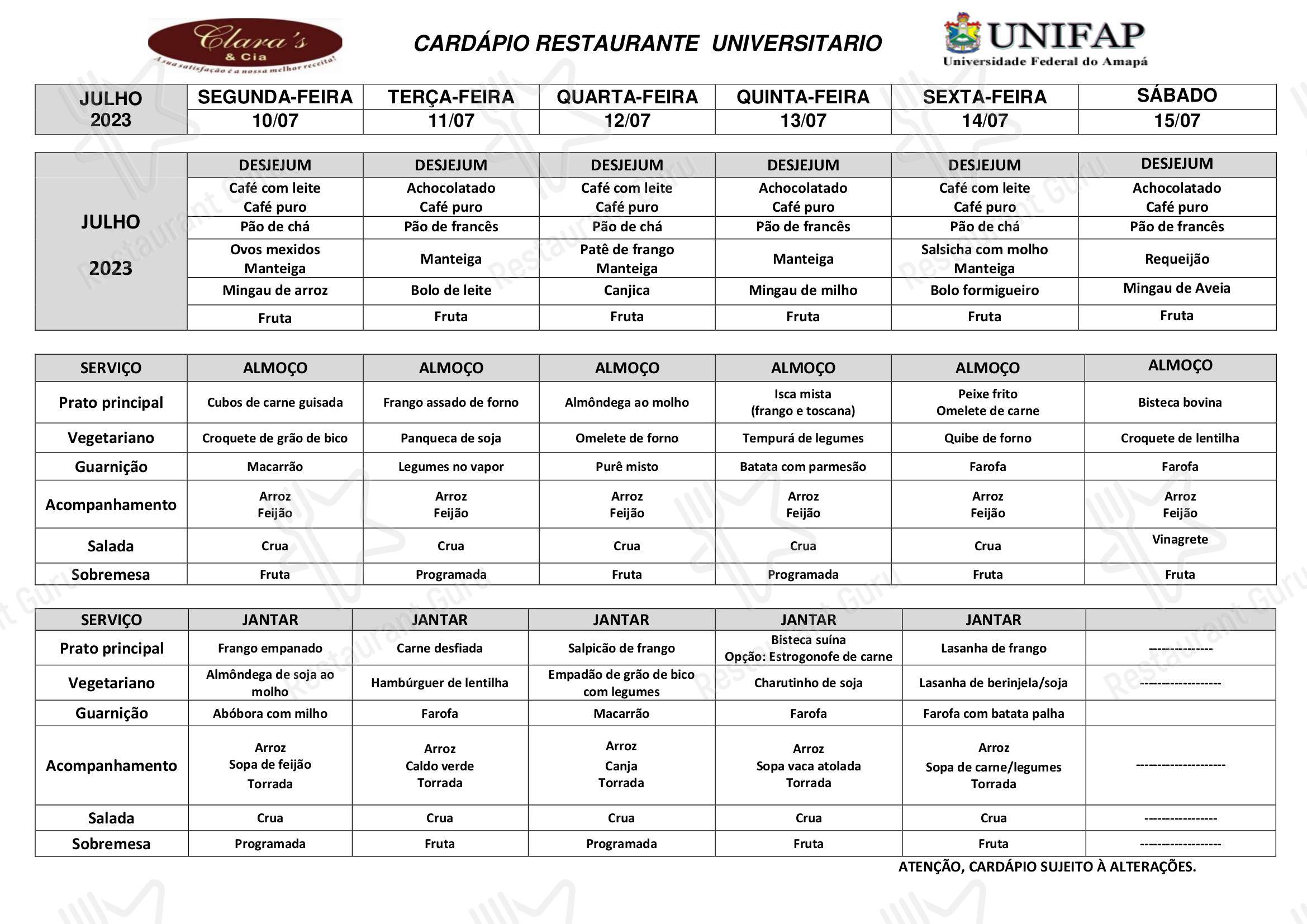 Dining Room Menu para Restaurante Universitário - UNIFAP restaurante
