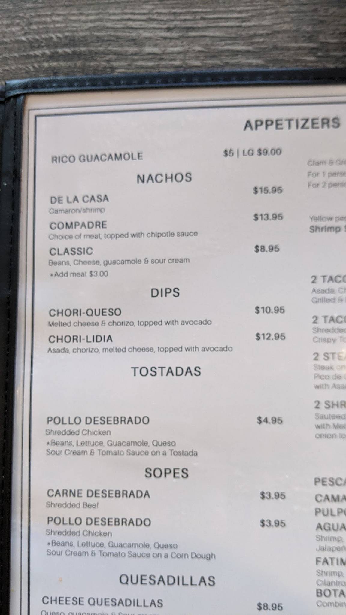 Menu at Salsas Restaurant, Cathedral City