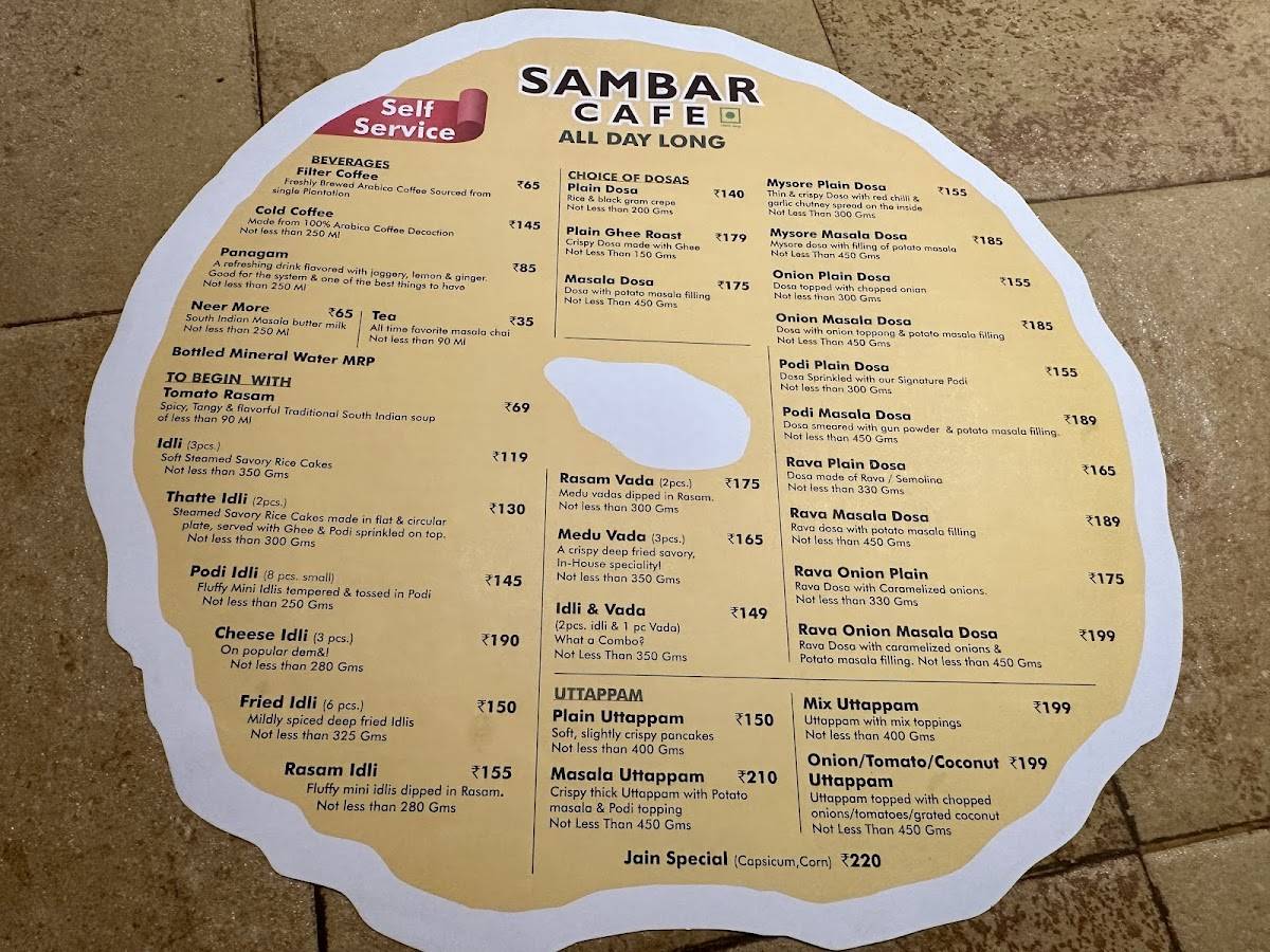 Sambar Cafe menu