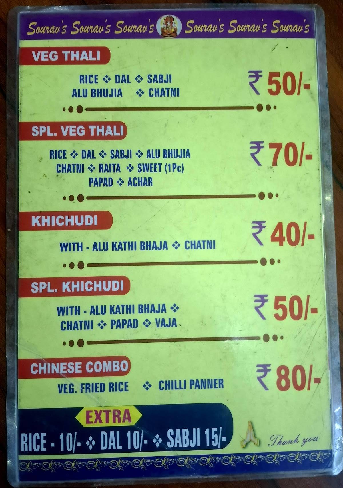 Souravs Restaurant menu