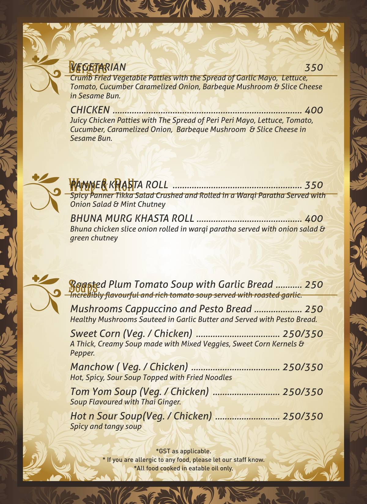 Sunset Restaurant and Bar menu
