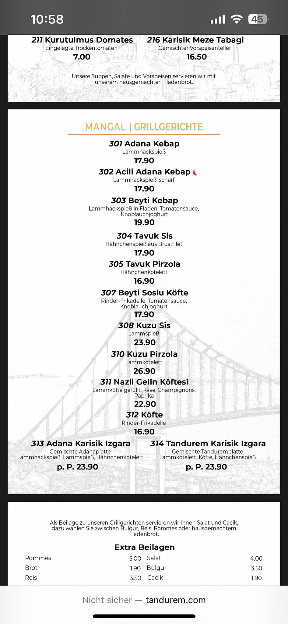 Menu de Tandurem