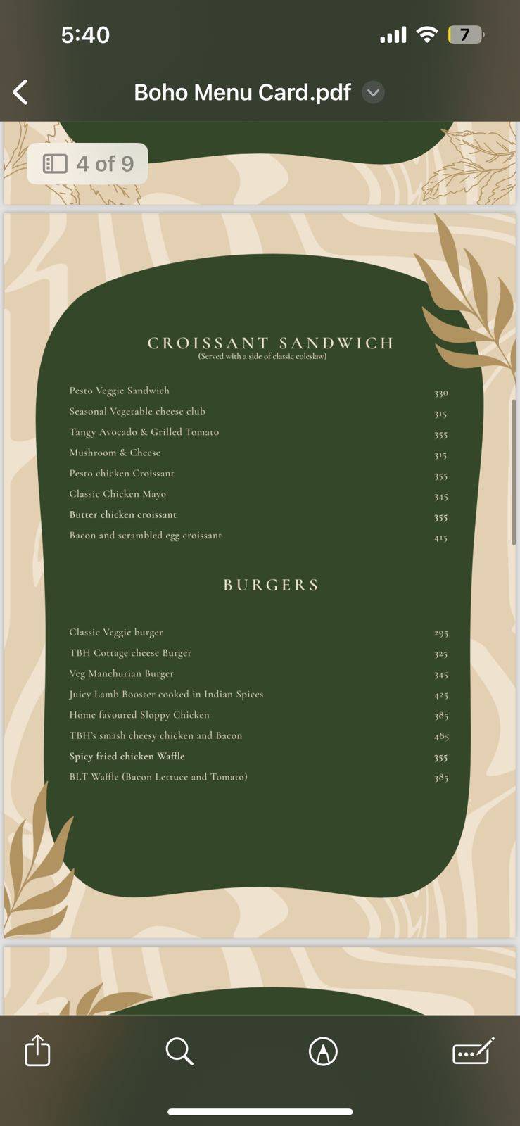 The Boho House Cocktail Bar menu