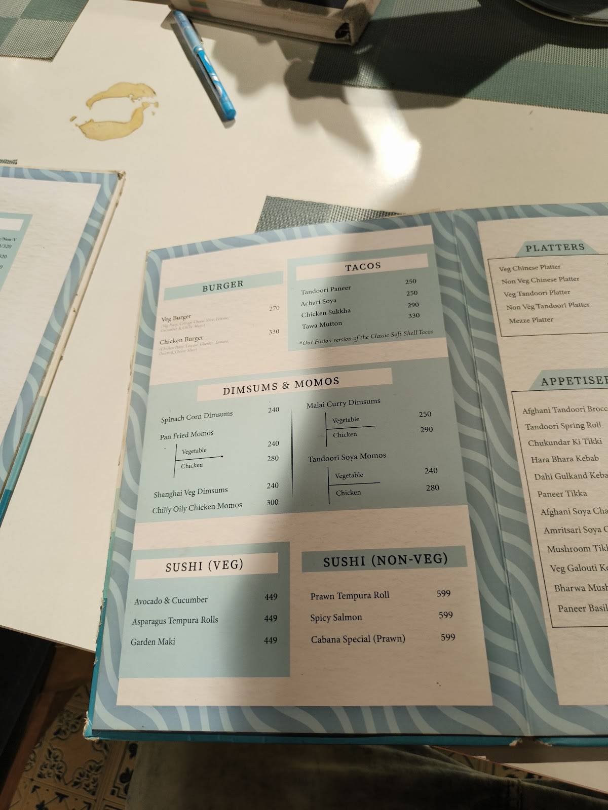 The Cabana menu