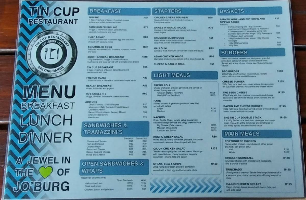 Menu At Tin Cup Driving Range And Restaurant Johannesburg South