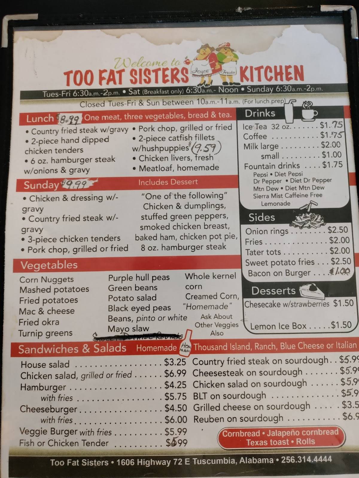 Menu at Too Fat Sisters restaurant, Tuscumbia