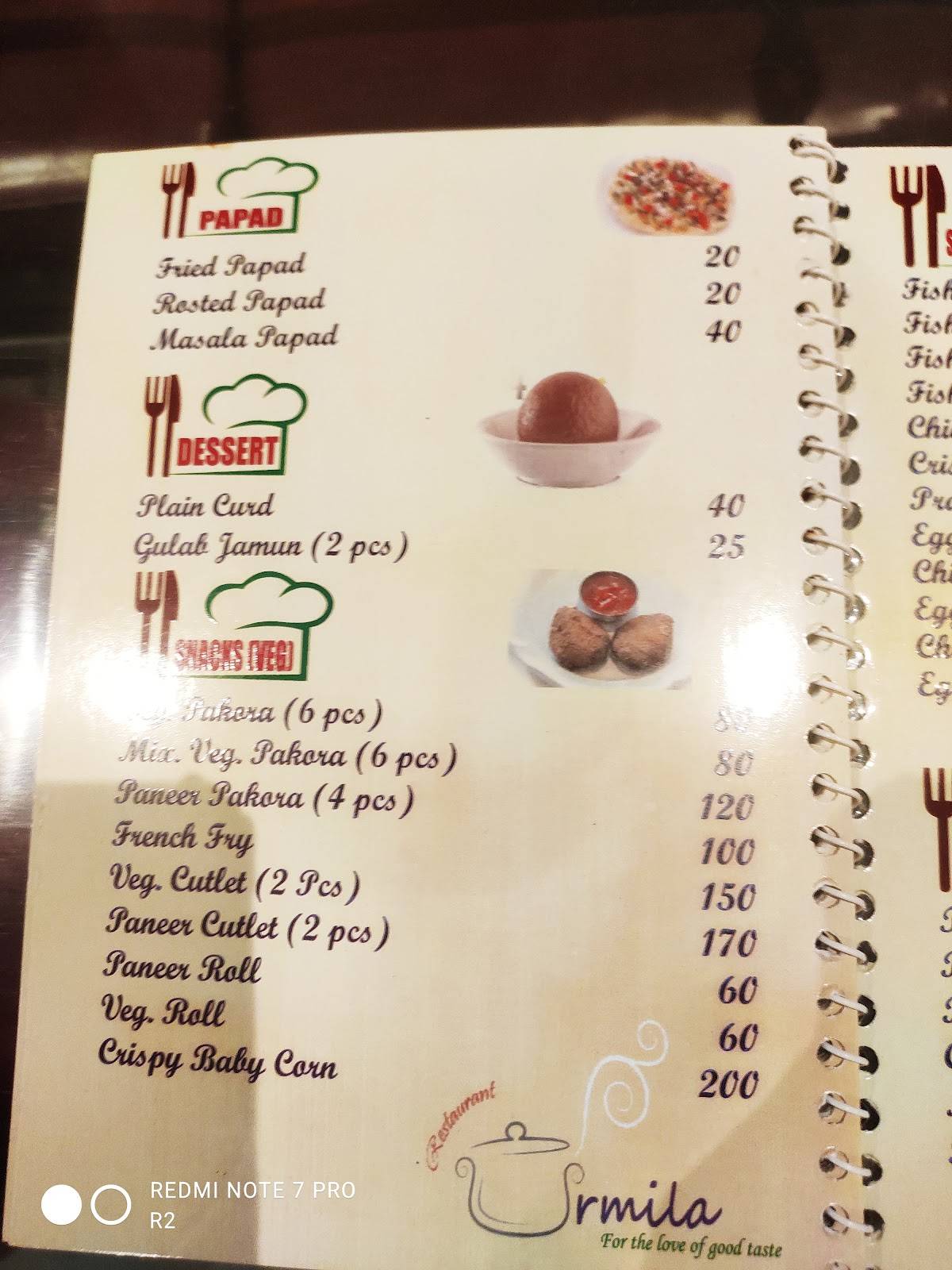 URMILA RESTAURANT menu