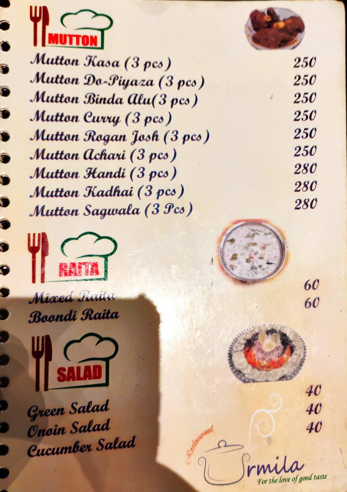 URMILA RESTAURANT menu
