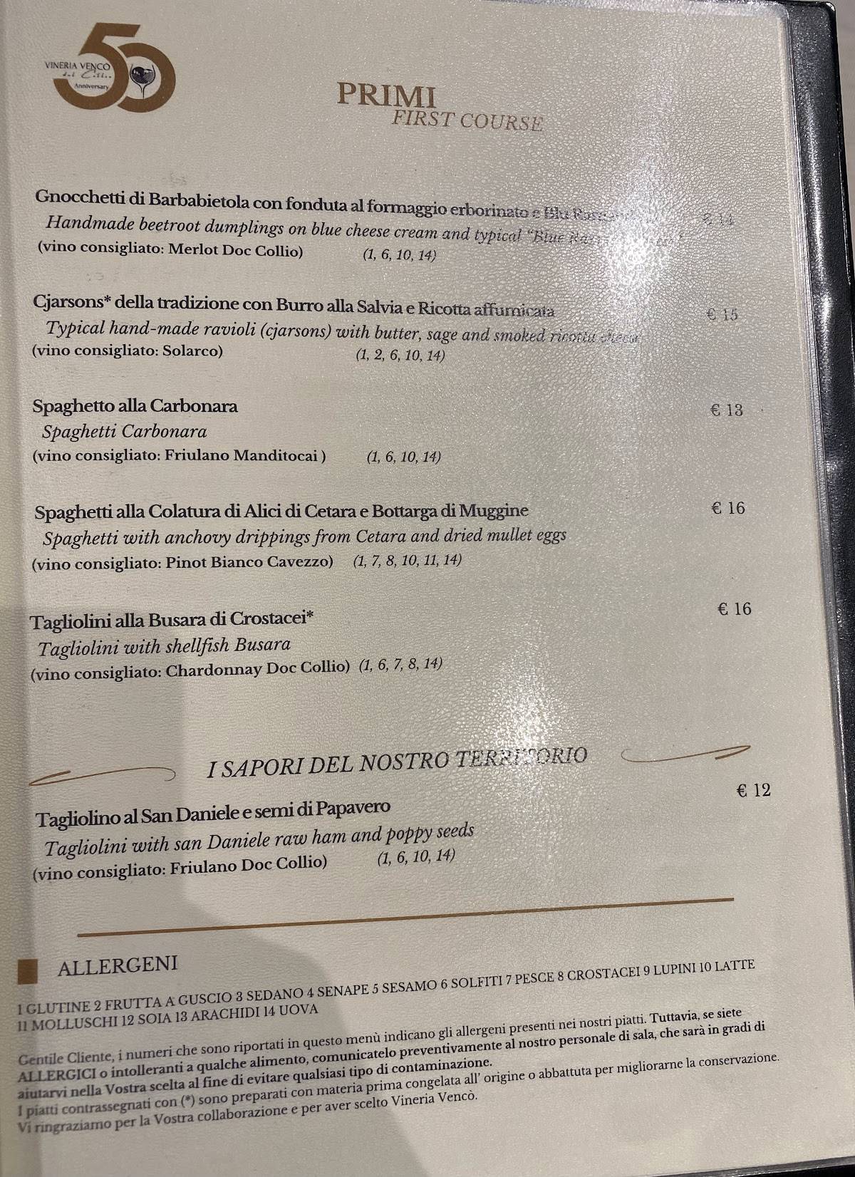 Menu di Vineria Vencò del Collio 