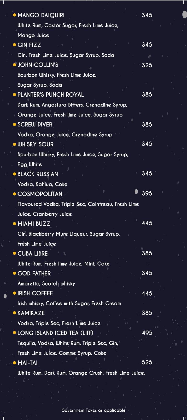 Zero Gravity Pune menu