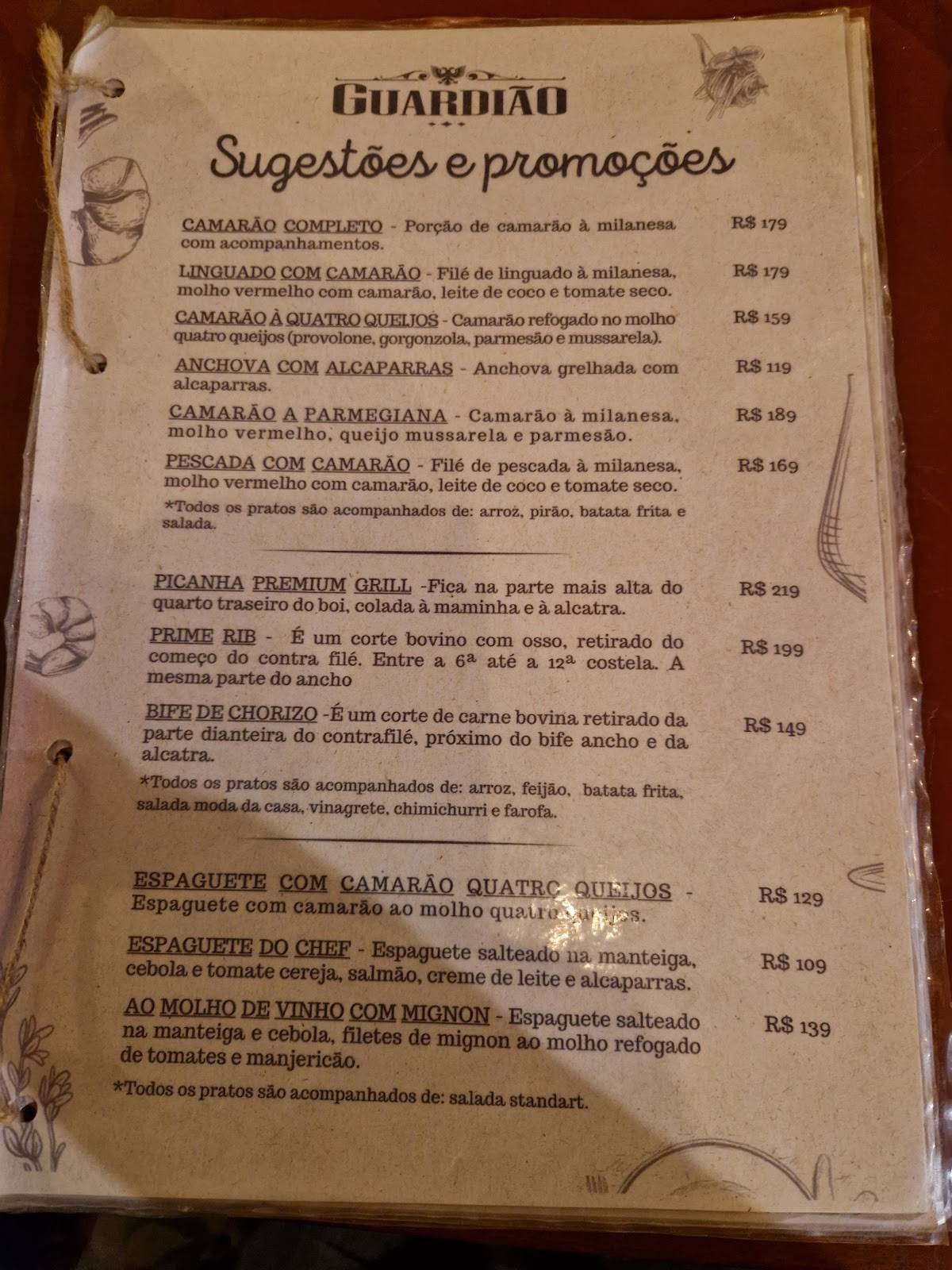 Restaurante Guardião cardápio