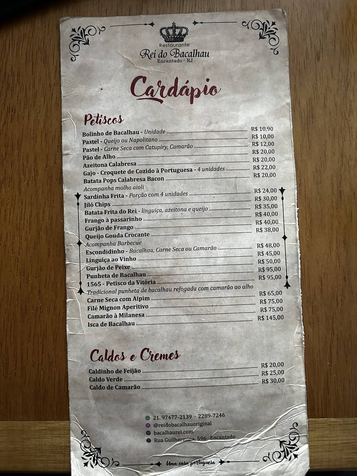 Restaurante Português Rei do Bacalhau - Encantado cardápio