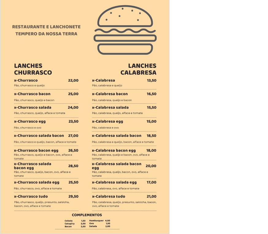 Restaurante Tempero Da Nossa Terra cardápio
