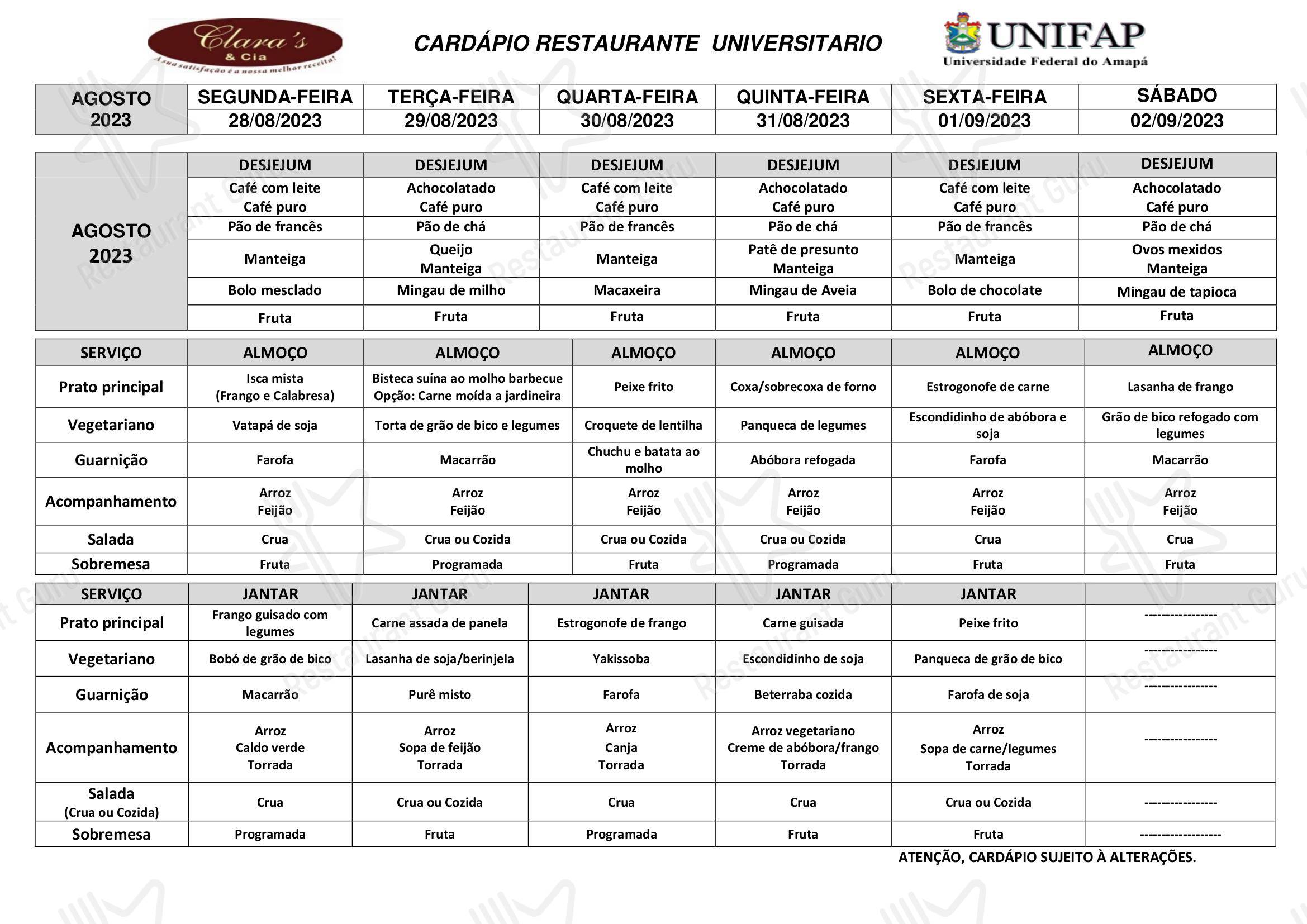 Restaurante Universitário - UNIFAP - Menu Fall