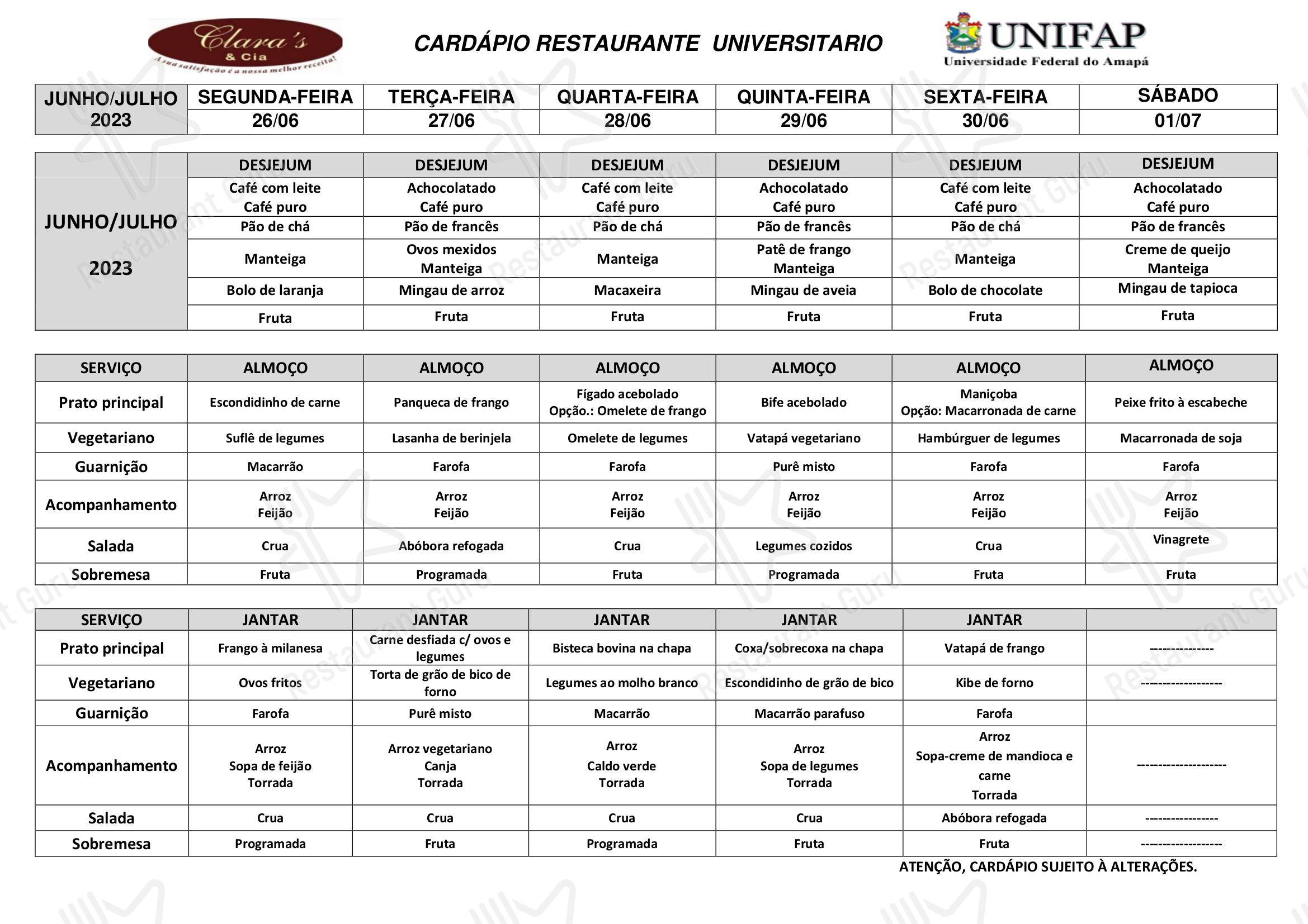 Special menu para Restaurante Universitário - UNIFAP restaurante