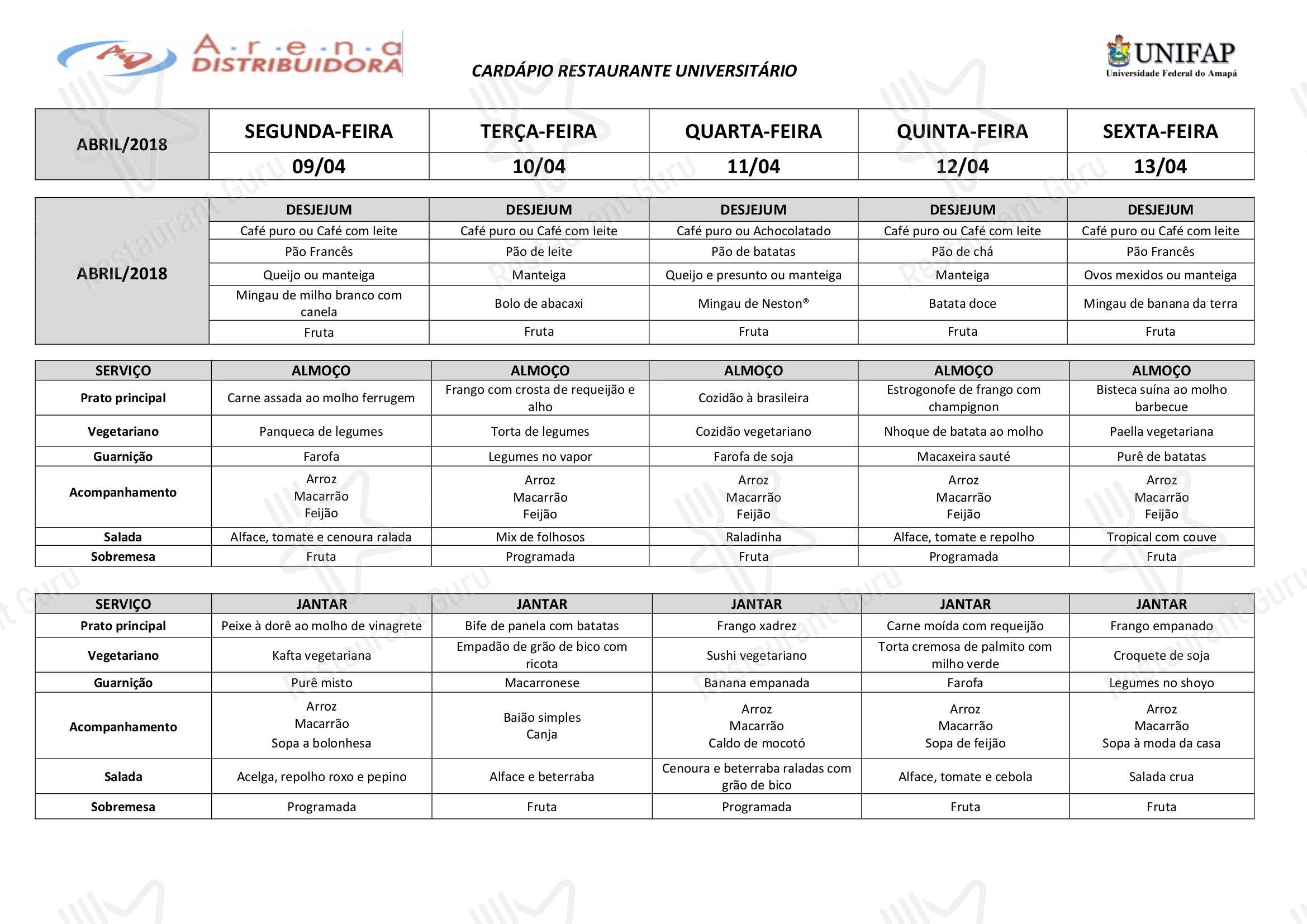 Restaurante Universitário - UNIFAP em Macapá - Sunday menu