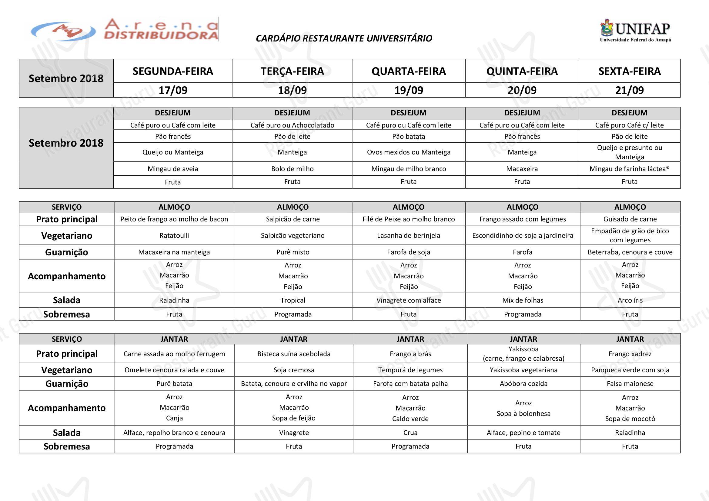 Menu carta para Restaurante Universitário - UNIFAP restaurante