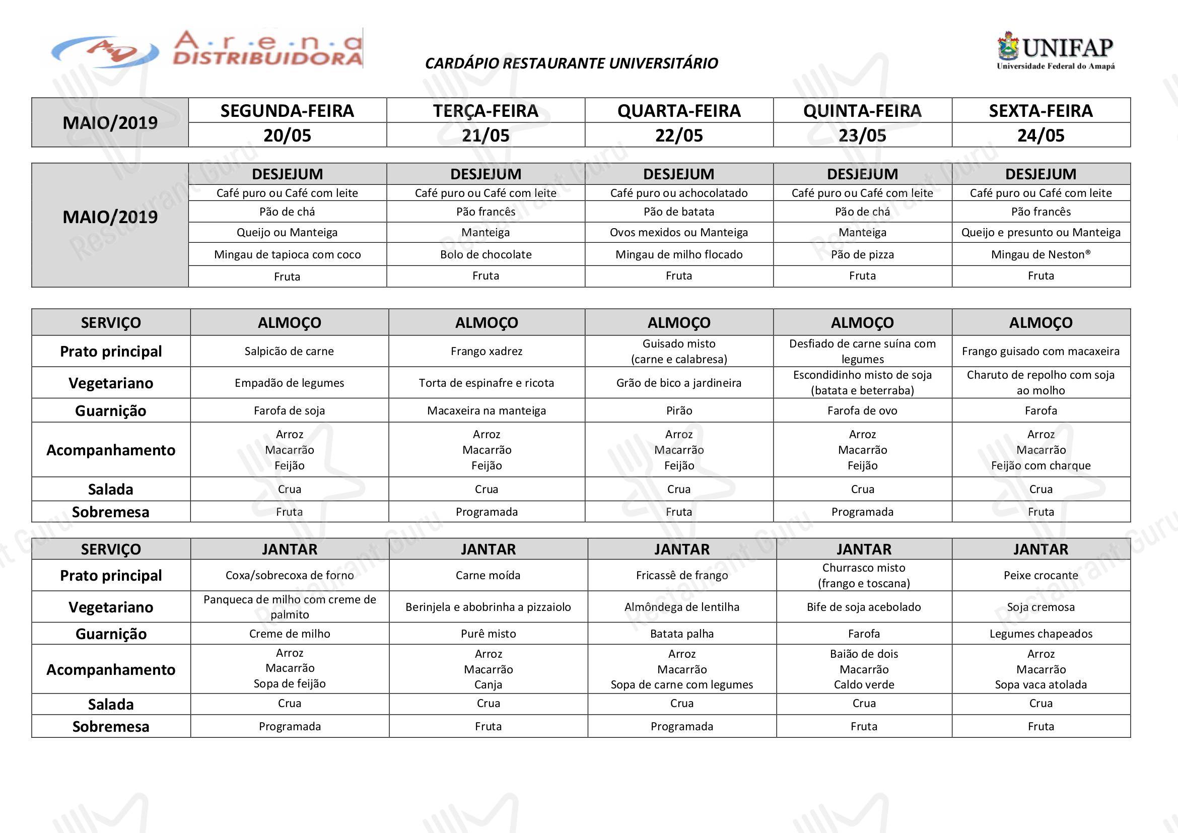 Restaurante Universitário - UNIFAP em Macapá - Menu catering