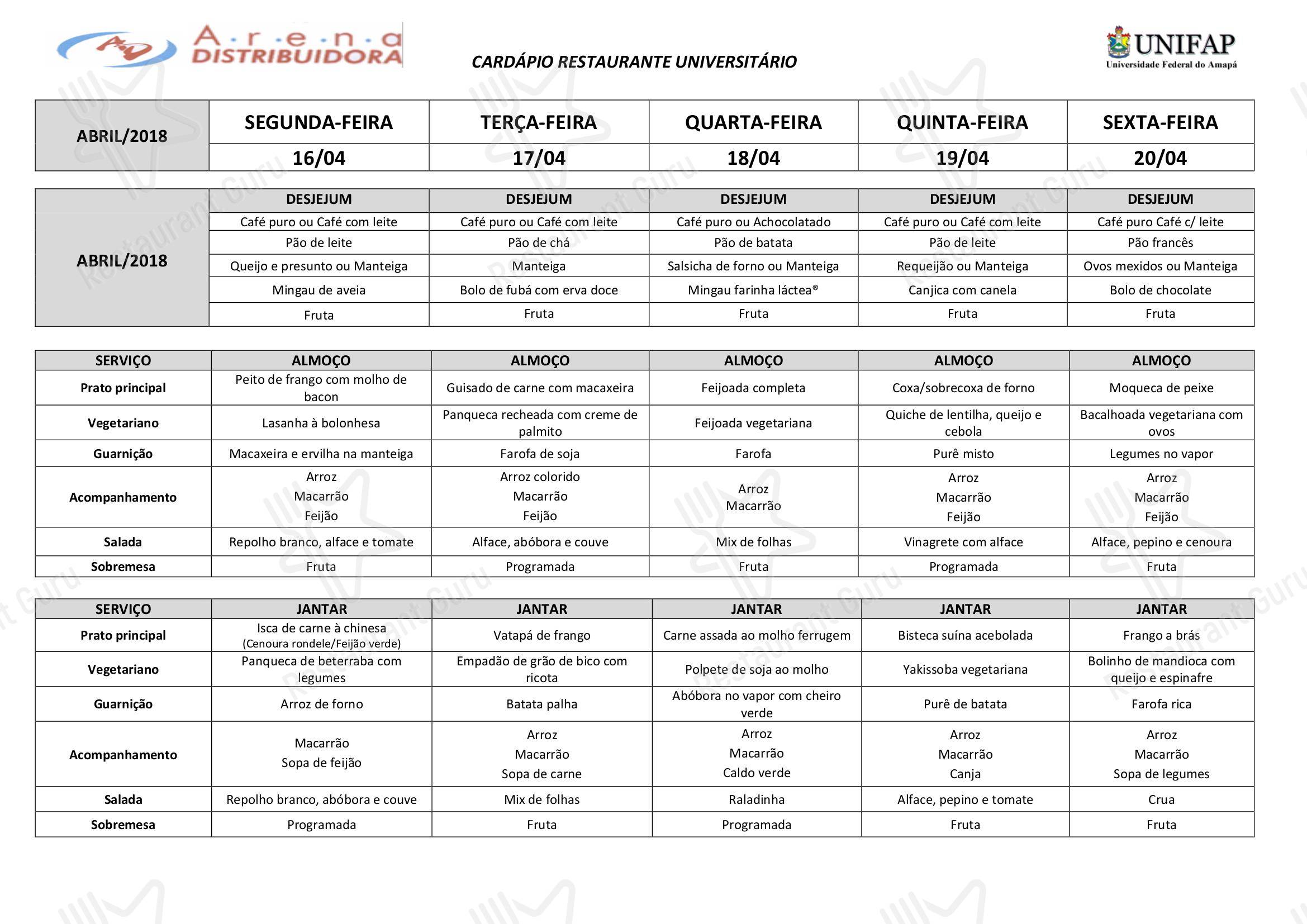 Fish menu para Restaurante Universitário - UNIFAP em Macapá