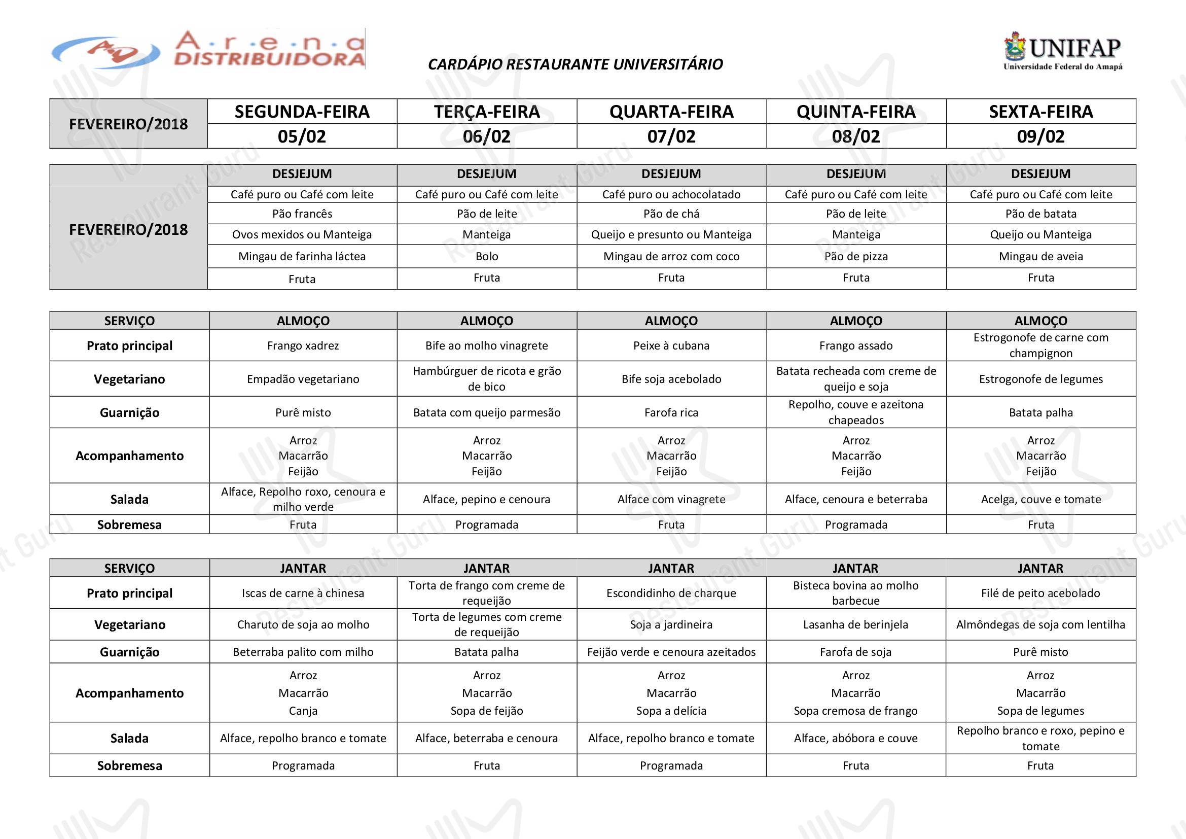 Catering-Menu para Restaurante Universitário - UNIFAP em Macapá