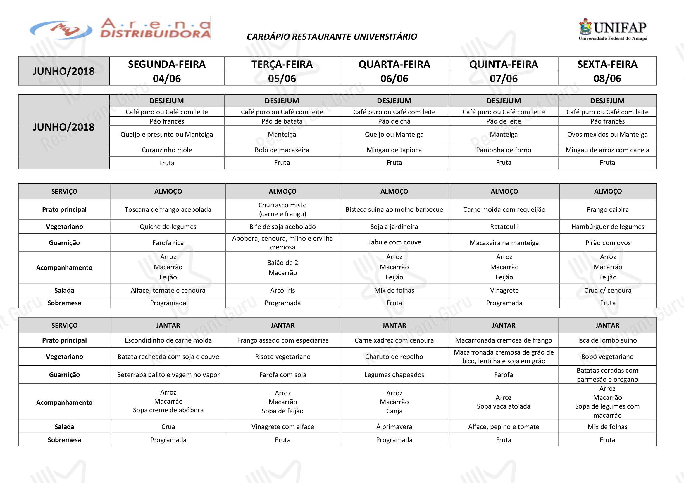Menu et carte para Restaurante Universitário - UNIFAP restaurante